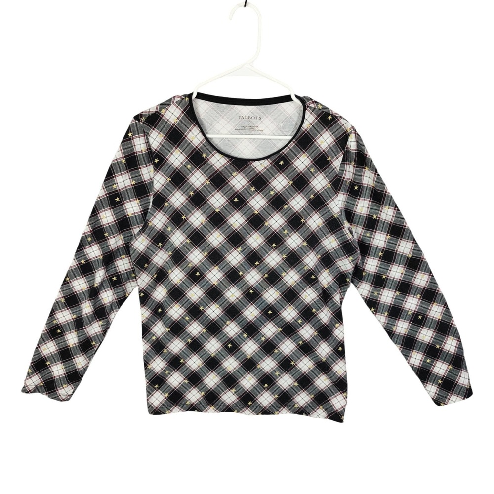 Talbots Womens Classic Preppy Celestial Star Plaid Long Sleeve Tee L Black White